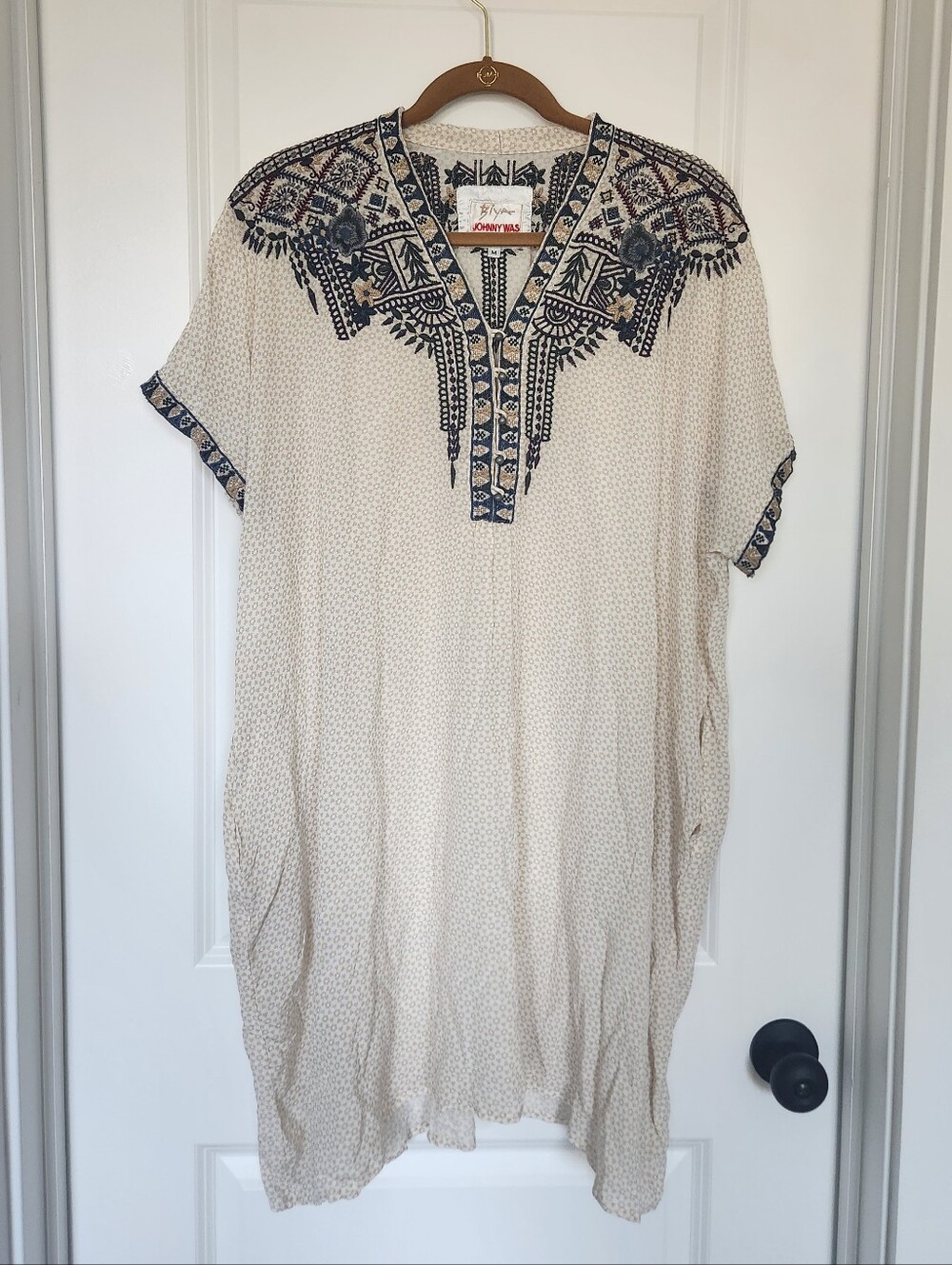 Johnny Was Biya Silk Embroidered Tunic Top Dress Patterned Cream Tan Medium